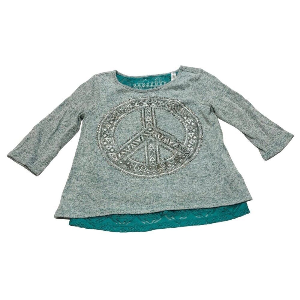 Knit works girls medium 10-12 turquoise  lace layered long 3 quarter sleeve‎ top